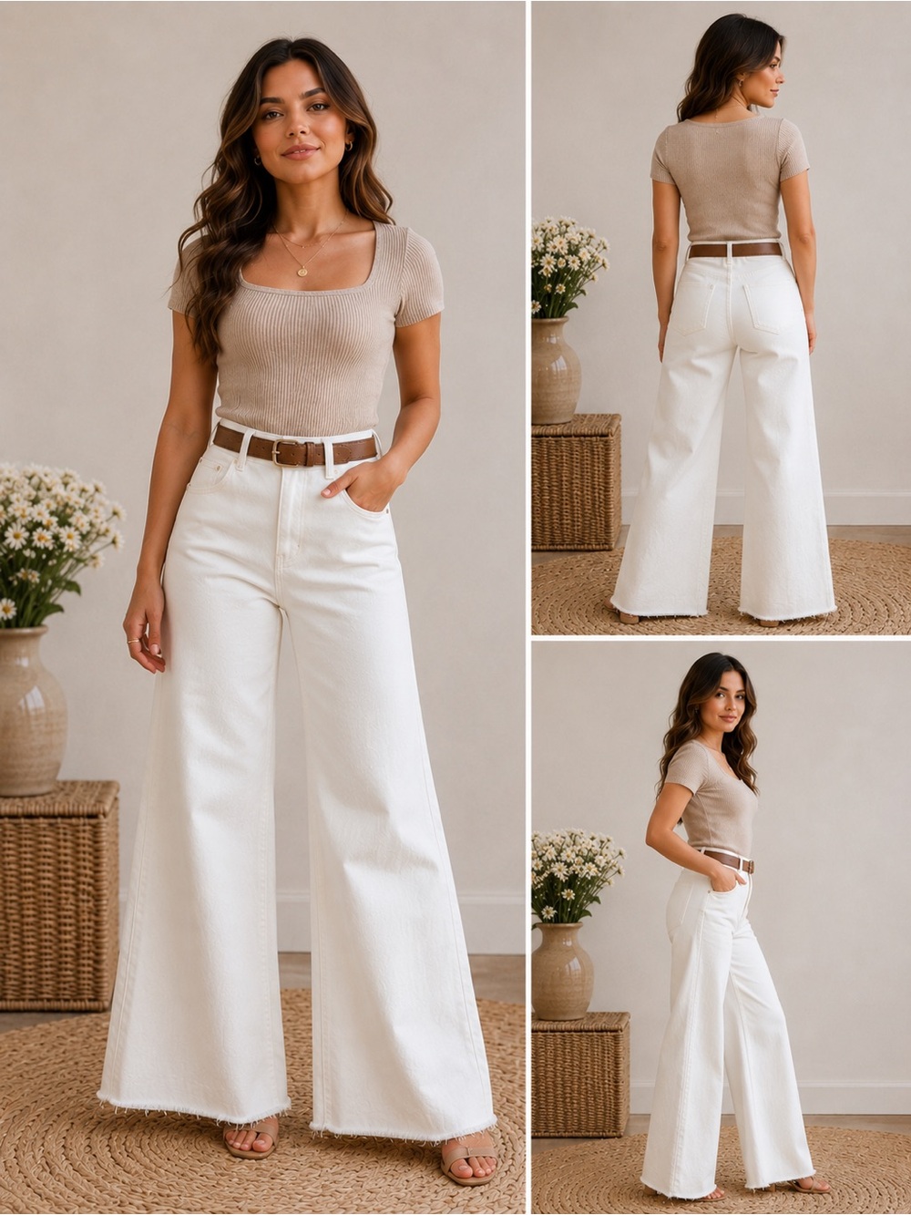 H&M Premium White Wide Leg Jeans High Waist Belted Size 2 NWT Chic